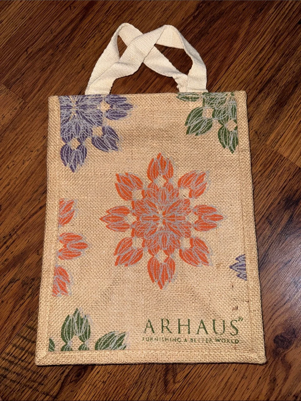 Natural Jute Tote Bag with Orange Floral Design 38.B3